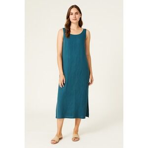 Eileen Fisher Dress Small Teal Linen Sleeveless Midi Lagenlook Preppy Mature
